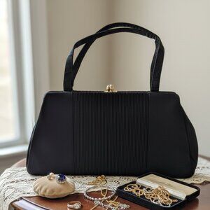 Vintage 1950s Black Pleated Evening Clutch – Gold Satin, Original Mirror, Strap